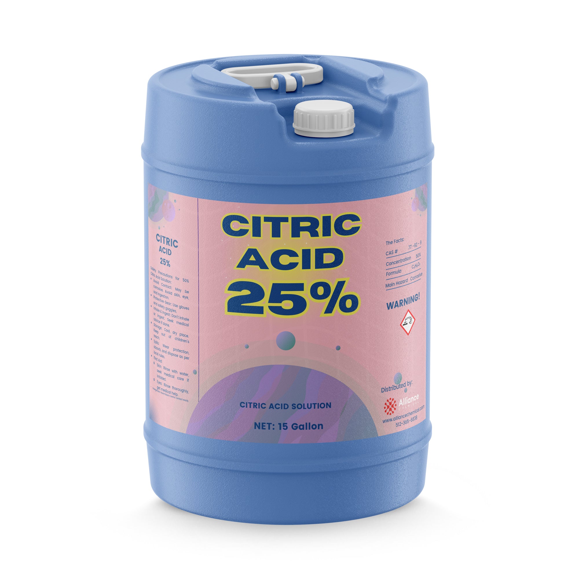 15-gallon blue HDPE carboy of 25% citric acid solution with pink gradient label, hazard warning symbol, and dual-port screw cap system.